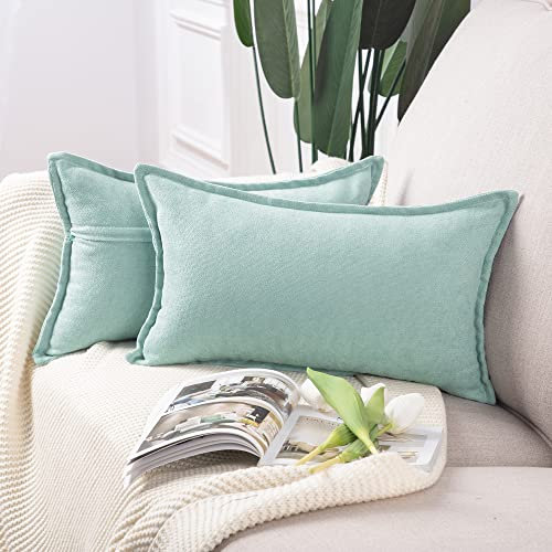 Madizz 2er Set kurzen Chenille Zierkissenbezüge weicher dekorativer Kissenbezug für Sofa, Schlafzimmer Kissenhülle Hellblaugrün 30x50 cm Rechteckig