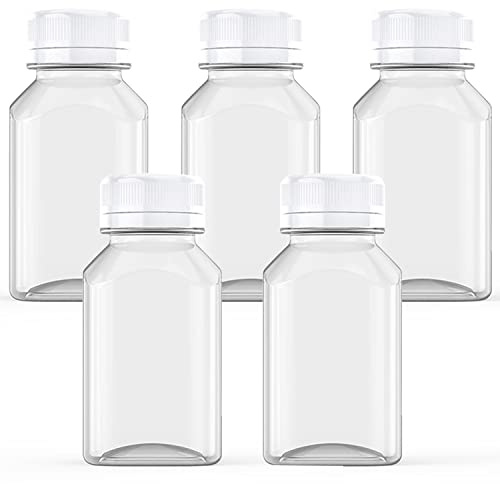 5 Pcs 5 Ounce Juice Bottles Plastic Milk Bottles Bulk Beverage Containers with Tamper Evident Caps Lids White for Milk, Juice, Drinks and Other Beverage Containers