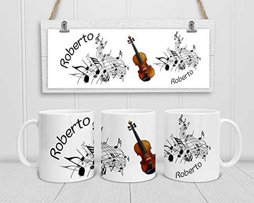 Personalisierte Musiker-Tasse. Kaffeetasse mit Noten, Violine - Geige und mit Namen. (Schwarz-Weiß)