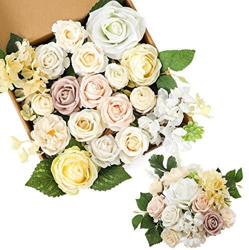 Kisflower Künstliche Blumen, weiße Seide, künstliche Rogen, Combo Pfingstrosen, Blume für DIY, Hochzeit, Brautstrauß, Party, Heimdekorationen (weiß)