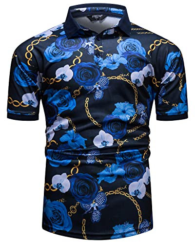 fohemr Polo Homme Polo Baroque Manches Courtes Polo Bleu Rose Or chaîne Motif Polo Été Golf Tennis t - Shirt Hommes Bleu Large