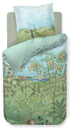 Pip Studio Bettwäsche La Campagna Grün Perkal Landschaft Natur Bäume See Boote Streifen Wendeoptik, Größe:200 cm x 200 cm