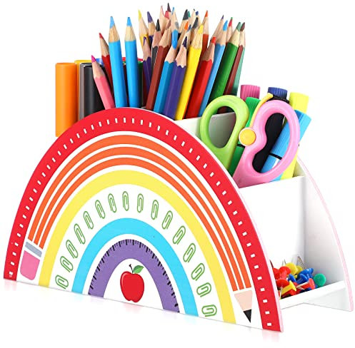 Faccito Holz Stiftehalter Regenbogen Schreibtisch Organizer Regenbogen Stifteköcher für Handy Holz Stiftebox für Lehrerin Büro Kinder Tisch Organisator Zurück zur Schule Lehrer Dankeschön Geschenk