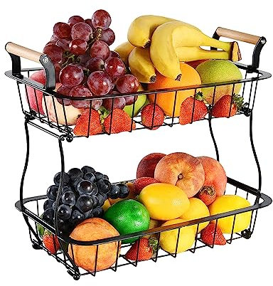 TINMIX 2-stöckiger Obstkorb Obstkörbe Gemüseregal Arbeitsplatte Obstschalen Obstregal aus Metall Küchenzubehör Aufbewahrungskorb Obstständere (Schwarz)