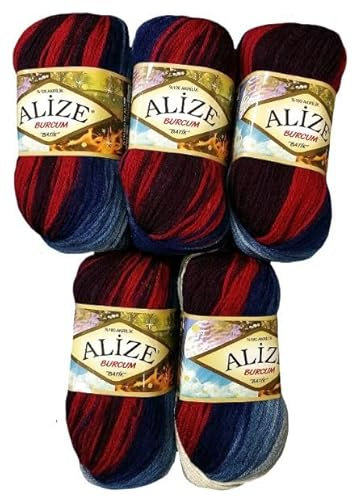 500 Gramm Ilkadim Export Burcum Batik Wolle mehrfarbig mit Farbverlauf, 5 x 100 Gramm Acryl Strickwolle bunt (bordeaux blau grau 2978)