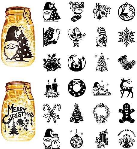 CREATCABIN 24 Stück Weihnachts-Silhouetten,Einmachglas,Laterne,Laserausschnitte,Kunststoff,Sammelalbum,Verzierung Für Gläser,Wand,Dekoration,DIY Handwerk,Geschenke,Schwarz,10x9cm