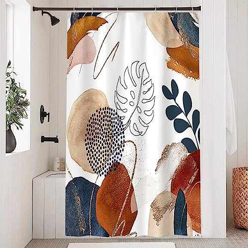 Uiiooazy Tenda doccia anti muffa, tenda da doccia 120 x 180 cm astratta terracotta foglie blu tende da bagno in tessuto lavabile impermeabile poliestere tende bagno con 8 ganci