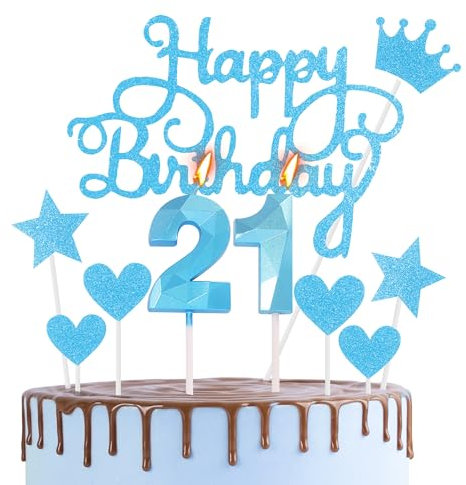 HONGCI Happy 21st Birthday Cake Topper & Birthday Candles Blue Number 21 Candles for Birthday Cake - 21st Birthday Candles Cake Cupcake Topper Birthday Cake Decorations for Boys Birthday Blue
