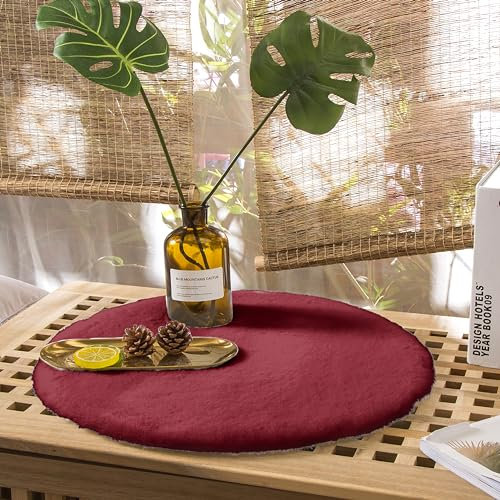 Teppich Wölkchen Fell Rund, Fellteppich Rund, Kunstfell Teppich Waschbar, Hasenfell, Kaninchenfell - Fell Sitzkissen Stuhlkissen Rund,Fell für Stühle, Kunstfell Stuhlauflage - Rot - Rund 30cm