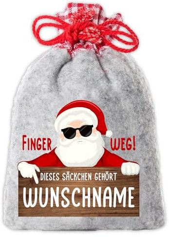 Lustiges Nikolaussäckchen/Weihnachtssäckchen personalisiert mit Wunsch-Namen und Finger-Weg-Motiv. Größe 20 x 30 cm
