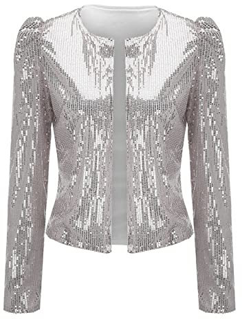 Damen Pailletten Bolero Jacke Festlich Silber Langarm Glänzend Jacke Große Größen Party Glitzer Oberteile Pailletten Strickjacke Hiphop Elegant Karneval Pailletten Blazer Kurz Bolerojacke