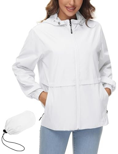 IECCP Regenjacke Damen Wasserdicht Atmungsaktiv Schwarz Leicht Regenmantel Dünne Rains Outdoorjacke Sport Übergangsjacke für Wandern Reisen Weiß XL