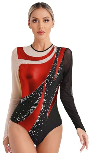 Nyeemya Damen Turnanzug Langarm Gymnastikanzug Einteiler Bodysuit Mit Strass Farbblock Patchwork Ballett Trikot Tanzbody Tanzkleidung Rot M