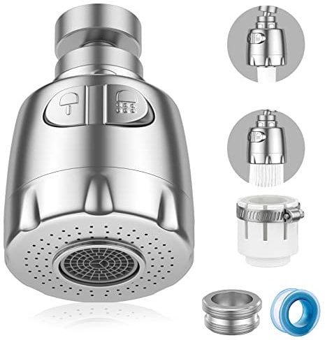 Vinabo Aérateur pour robinet rotatif à 360 °, buse robinet cuisine, évier avec filtre régulateur de tête, 2 modes, aérateur robinet, atomiseur robinet, tête robinet de cuisine, argenté