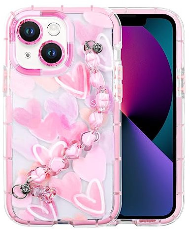 YEPO For iPhone 13 Case Cute Wrist Strap, Pink Heart Design Soft TPU Shockproof Protective Clear Phone Cases for iPhone 13 Girls Women Mobile Cover