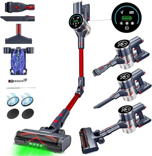 Ravas 4 en 1 Aspirateur Balai sans Fil Puissant, 550W 40Kpa Aspirateur sans Fil avec Écrans Tactiles LED, Batterie Amovible 60Mins, 1,7 Litre, Aspirateur Balai pour Tapis, Sols Durs, Poils d'animaux