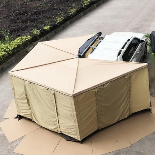 SSLW Aluminum 270° Awning for SUV, Car, Van & Truck, 2.5m x 2.5m, Khaki, Modern Style, Manual Operation, Oxford Cloth & PVC, 7' Tall, Large Projection, Easy Assembly