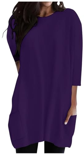 HAOLEI Ladies Long Tops to Wear with Leggings 3/4 Sleeve Tunic Tops Women's Oversized Shirts Baggy Comfy Blouses Mid-Long Shirts Boat Neck Plain Stretch Tee Mini Dress with Pockets UK Purple
