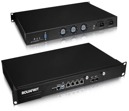 ROUAFWIT 1U Rackmount 19 Inch Firewall Mini PC, Celeron N100 Network Security Router Micro Appliance Hardware, 4 x i226V 2.5Gbe Dual SFP+ 10GB Lan, 3 Display, Barebone, NO RAM NO Storage