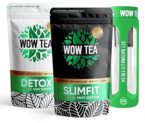 WOW TEA Mint Detox - Entgiftungstee für die Ganzkörperreinigung, Darmgesundheit mit Schlankheitseffekt | Green Tea, Minze | 150 gr, Made in EU (Detox Mint + Slimfit Mint + Grüne Flasche, Grüne Minze)