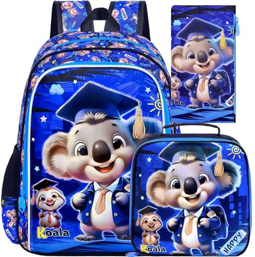 gxtvo Jungen-Rucksack, 40,6 cm, Kinder-Büchertasche mit Lunchbox, wasserabweisend, Elementar-Prechool-Kleinkind-Schuhtasche, Blau, 3 Stück, UV-Druck Dr. Koala Blau, Einheitsgröße, UV-Druck Dr. Koala