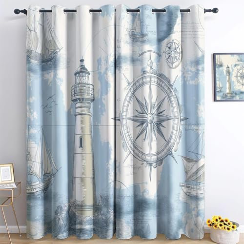 Verdunklung Svorhänge Schlafzimmer H215 x B220 cm, Vintage Stil Lampe Turmkompass Thermo Isolierte Vorhänge, Waschbarer Retro Stil Polyesterfaser Vorhan, Anwendbar Kinderzimmer und Wohnzimmer