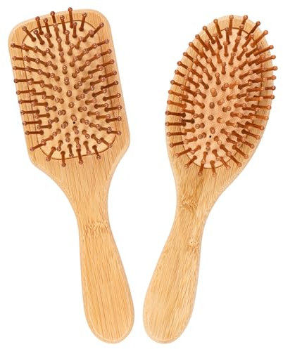 AKONE Cepillo para el pelo de bambú, 2 unidades, cepillo de pelo natural de madera, cepillos con cabeza redonda y dientes de bambú, peine con almohadilla de aire, sin daños en el cabello, cepillo de
