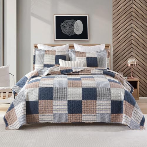 Uniclinens Plaid Quilt Set King Size, 100% Baumwolle Patchwork Plaid Quilt Bettwäsche-Set Tagesdecken, Bauernhaus, leichte Steppdecke, wendbar, 3-teiliges Set mit 2 Kissenbezügen,