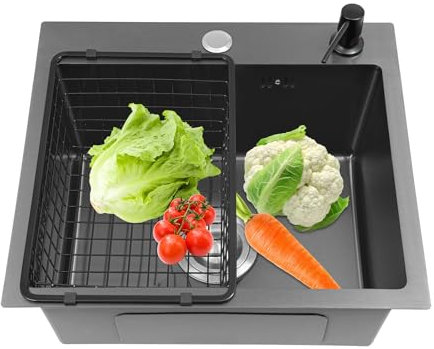 Fregadero de cocina de acero inoxidable, empotrable en acero inoxidable, con válvula de cesta y rebosadero, 45 x 40 cm, fregadero de cocina pequeño, para la familia, restaurante, lavadero, color negro