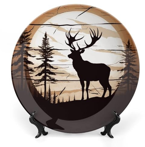 LYHVSFJW Wild Elk Silhouette Ceramic Decorative Plate, Bone China Decorative Plate for Display, Personalized Boho Plates with Display Stand, Ceramic Ornaments Dessert Plates for Home Decor, Dinner
