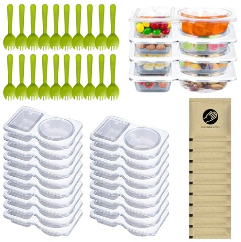 PANTIDE 50pcs Double Compartment Condiment Container Set Mini Plastic Snack Container with lid Disposable Fruit Fork and Glove Reusable Leak-proof Sauce Cup for Meal Prep Outdoor Microwave Fridge Safe