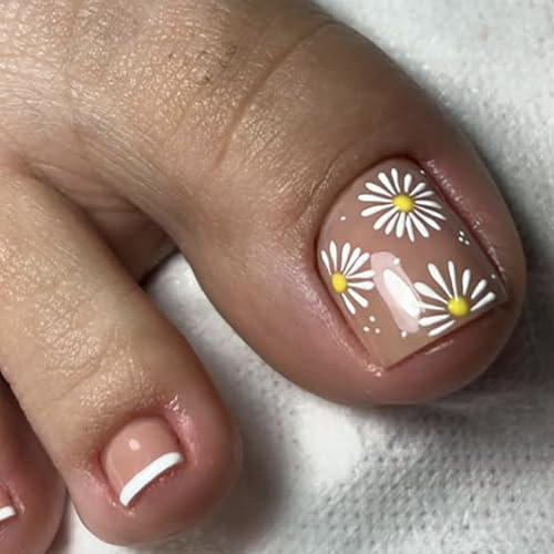 Square False Toenail Short - 24Pcs French Short Fake Toe Nail - Nude Pink Press on Toenail with Daisy Designs - Full Cover Acrylic French Tips Toe Nail with Glue DIY at Home Manicure
