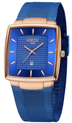 NIBOSI Montre pour homme de luxe militaire étanche à quartz analogique carrée avec bracelet en acier inoxydable et calendrier de la date, Rose bleue.