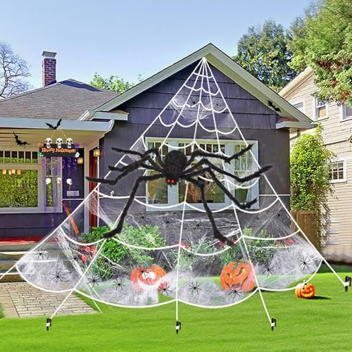 Halloween Deko Outdoor Riesen Spinnennetz mit XXL Spinne, 700cm Spinnennetz groß +150cm Riesen Spinne + 20Mini Spinne + 40g Elastizität Spinnennetz für Halloween Garten Deko Partydekoration