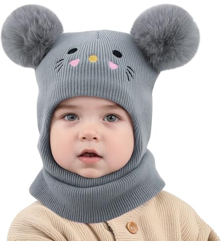 MASOCIO Schlupfmütze Kinder Junge Mädchen Warme Schalmütze Kleinkind Niedliches Wintermütze mit Bommel Pom Pom Mütze 1-8 Jahre