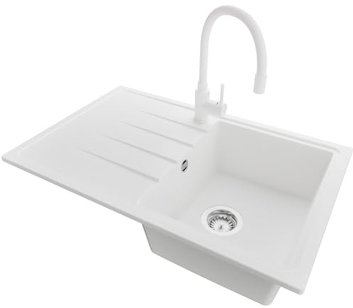 PRIMAGRAN Granitspüle ab 45er Unterschrank + Küchenarmatur, 78x50cm | Set: Küchenarmatur BW6020 + Ablauf-Set (Siphon, Ablaufgarnitur, Überlauf) + Spülbecken 1 Becken - Mailand, Weiß