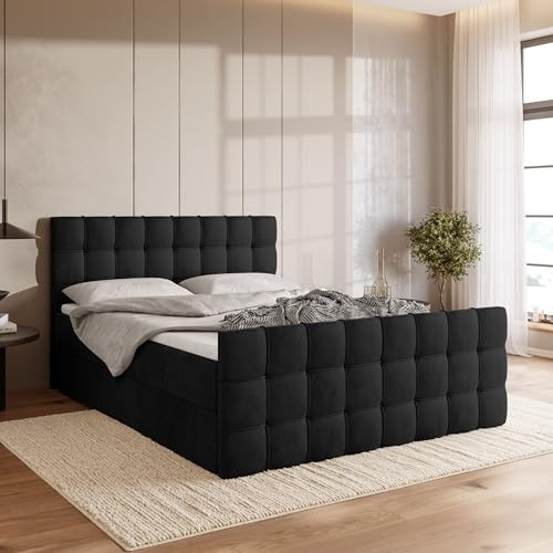 BROMARKT Boxspringbett mit Topper Bettkasten 180x200cm Härte H3 Schwarz | Doppelbett mit Kopfstütze Matratze und Fußteil Jugendbett Bett Bed Einzelbett Stauraum Boxbett Matratzenauflage DETROIT DUO