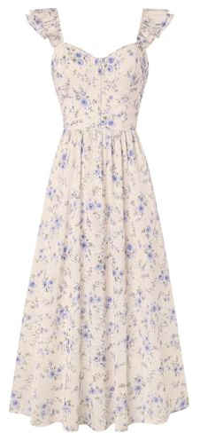 GRACE KARIN Damen Kleider Sommer Spaghettiträger Rüschen Blumen Sommerkleid Lang Chiffon A-line Bogen Strandkleid mit Taschen