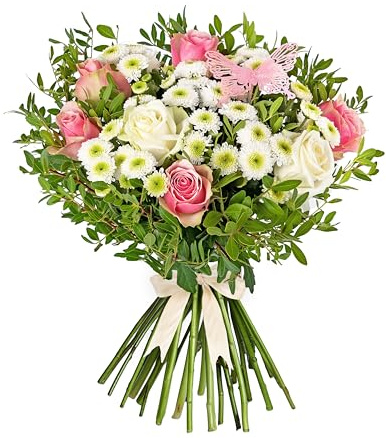 Rose Meadows Bouquet – Luxury Fresh Flowers Featuring Memory Lane, White Avalanche and Belle Roses with Santini Chrysanthemums – Elegant Handcrafted Arrangement for Birthday or Celebration