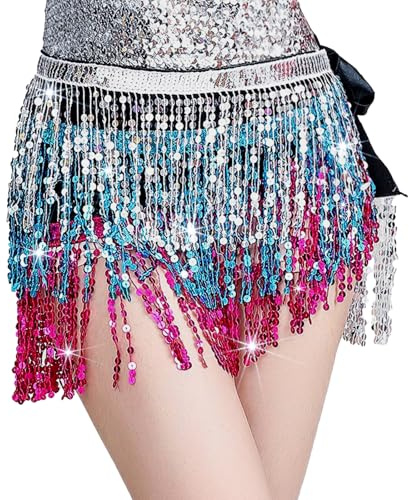 Baisdan Belly Dance Dancer Costume Sequin Tassel Fringe Hip Scarf Belt Waist Wrap Skirt Silver/Blue/Rose