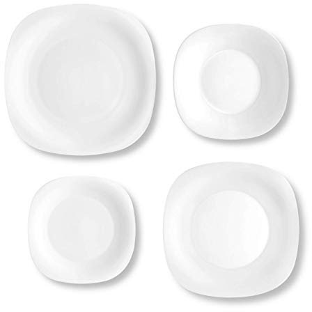 BORMIOLI ROCCO ‘Parma’ Soft Square Dinnerware Set (24 Pieces) – Dinner Plates, Charger Plates, Side Plates & Soup Bowls – Tempered Opal Glass: Microwave & Dishwasher Safe – Luxury Italian Tableware