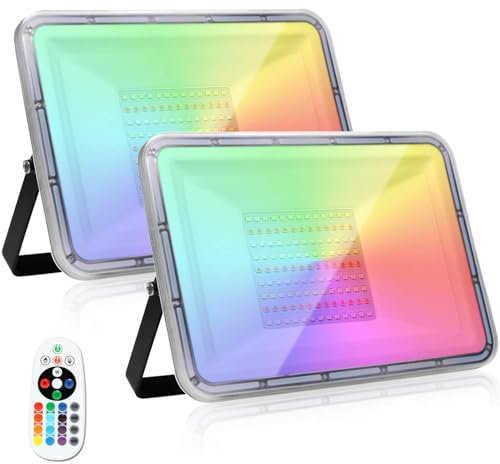 NIKEEYEN 2 Pack 100W Foco Led RGB Con Función Memoria, Impermeable IP67 Proyector LED Exteriores con Control Remoto, 16 Colores & 4 Modos RGB Foco LED Exterior para Jardín,Partido,Navidad,Techo