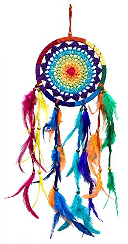 Saraswati Handgerfertigter Traumfänger Dreamcatcher mit gehäkeltem Netz, bunt 16x50cm