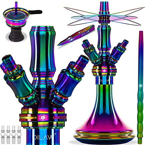 DILAW® Shisha Komplettset Smart to go 38cm Edelstahl Wasserpfeife Mini Hookah mit 4 Anschlüssen & 4x Glas-Adapter inkl. Bowl, Kaminkopf-Set mit Steinkopf & Aufsatz, Carbon-Schlauch, Mundstück, Zange