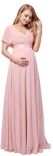 Ever-Pretty Robe De Soirée Style Long Manches Volantées Col en V Jupe Trapèze Robe Femme Chic Et Elegant Rose 46