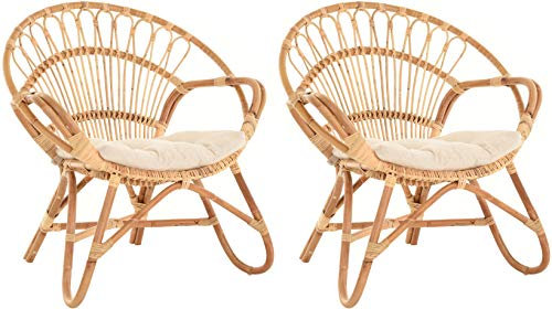 2er Set Korbsessel mediterran Lounge Rattansessel Natur Rattan Korbstuhl mit Armlehnen Wintergarten (Tropic)
