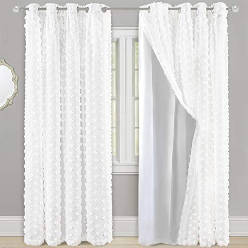 DriftAway Weißer Plissee-Vorhang aus Voile, Chiffon, Bestickt mit Bommel, 2 Schichten, Ösenvorhang für Kinder, Mädchen, Kinderzimmer, 213 cm, EIN Vorhang