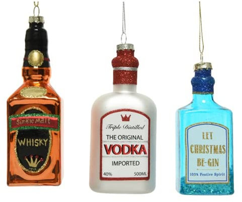 Decoris Ciondolo per albero di Natale, bottiglie di vetro, cognac/gin/whisky, 9 cm, set di 3 decorazioni per albero di Natale, 3 pezzi, vintage, rustico