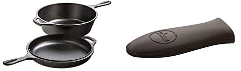 Lodge 3 Litre / 3.2 Quart Pre-Seasoned Cast Iron Combo Cooker & Lodge Mini Silicone Hot Handle Holder, Black, Inoxidable