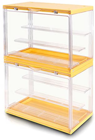 S.I.C SIC Clear Acrylic Display Case Multi-Tier for Lego Collection, Figures, Models; Gadget Display Box, Action Figure Collector Organizer; Dust Cover (2, Yellow)